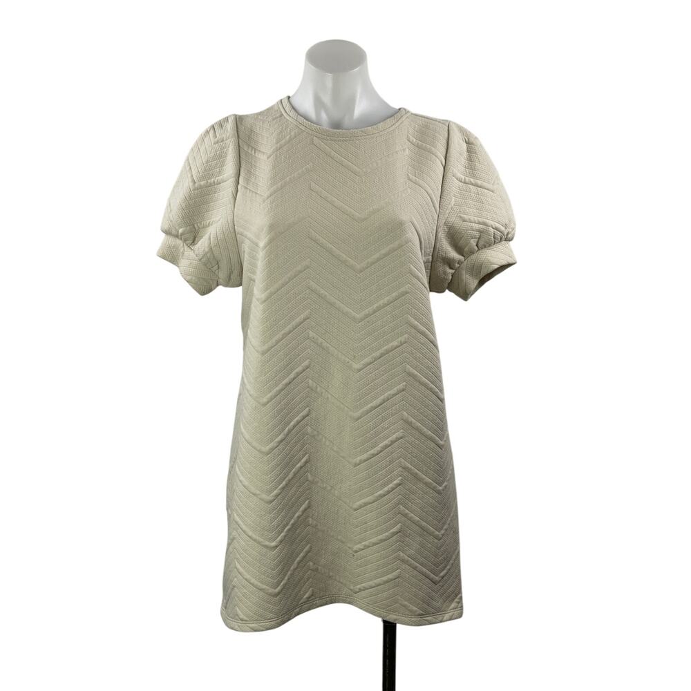 Zara Women's Beige Short Puff Sleeve Embossed Crew Neck Shift Mini Dress Size S
